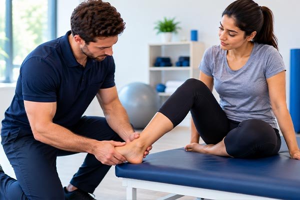 Physiotherapist guiding a patient through ankle mobility and rehabilitation exercises
