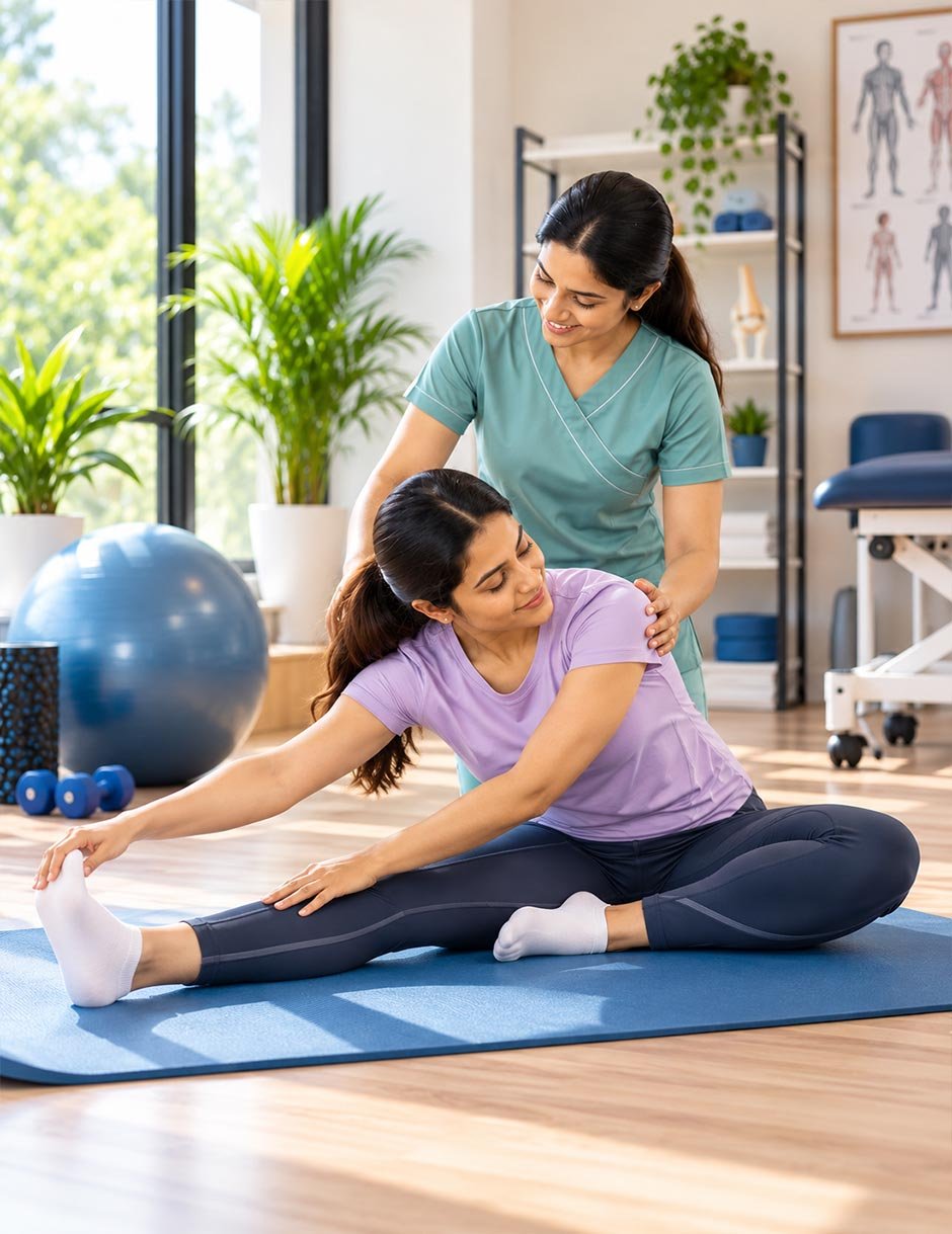 Physiotherapist assisting a patient with stretching and mobility exercises