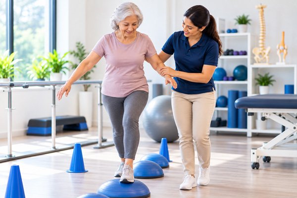 Physiotherapist supporting an older adult during Falls and balance training