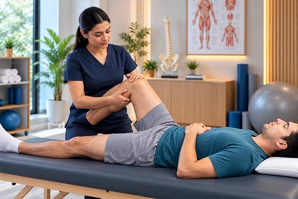 Physiotherapist guiding a patient through lower-body mobility and rehabilitation exercises