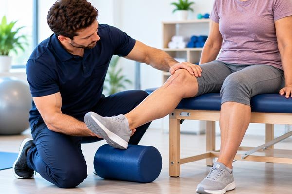 Physiotherapist assisting a patient with joint mobility exercises after joint replacement surgery