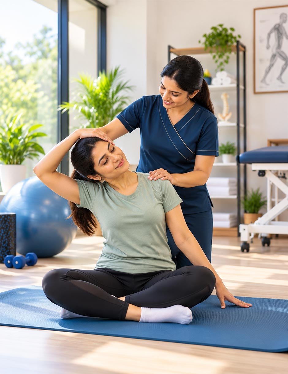 Physiotherapist assisting a patient with stretching and mobility exercises