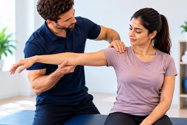Physiotherapist guiding a patient through shoulder strengthening exercises for rotator cuff rehabilitation