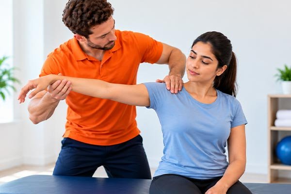 Physiotherapist assisting a patient with shoulder mobility and rehabilitation exercises