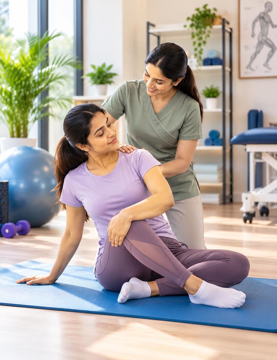 Physiotherapist assisting a patient with stretching and mobility exercises