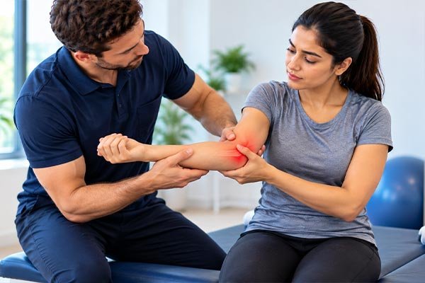 Physiotherapist providing hands-on treatment for tendon and soft tissue pain