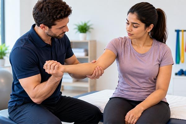 Physiotherapist providing treatment for elbow pain and arm mobility