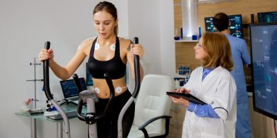 Female athlete doing physical effort on the stepper and the doctor follows her